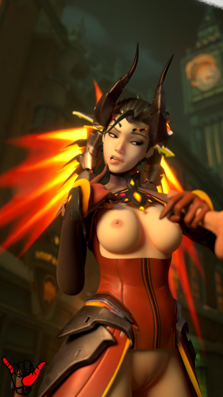 3d alternate_costume big_breasts blender breasts brown_eyes devil devil_mercy horns human_only mercy overwatch ponytail tail thighhighs yokubos