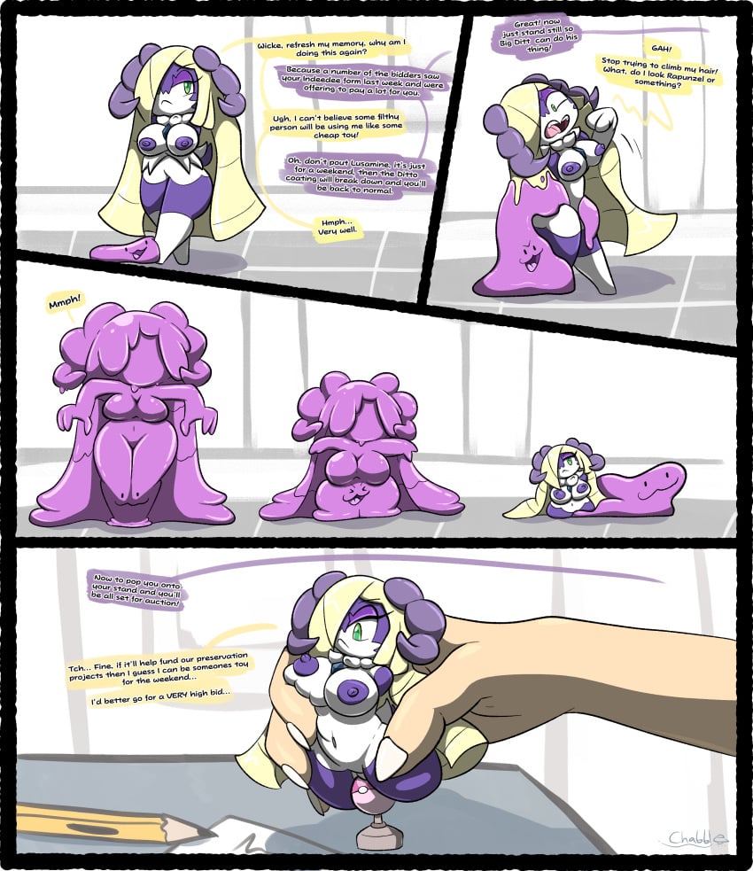 blonde_hair chabble ditto ditto_(pokemon) fangs green_eyes indeedee just_the_tip limbless lusamine_(pokemon) no_limbs onahole onahole_transformation pokemon pokemon_(species) pokemon_sm purple_body transformation transformation_sequence