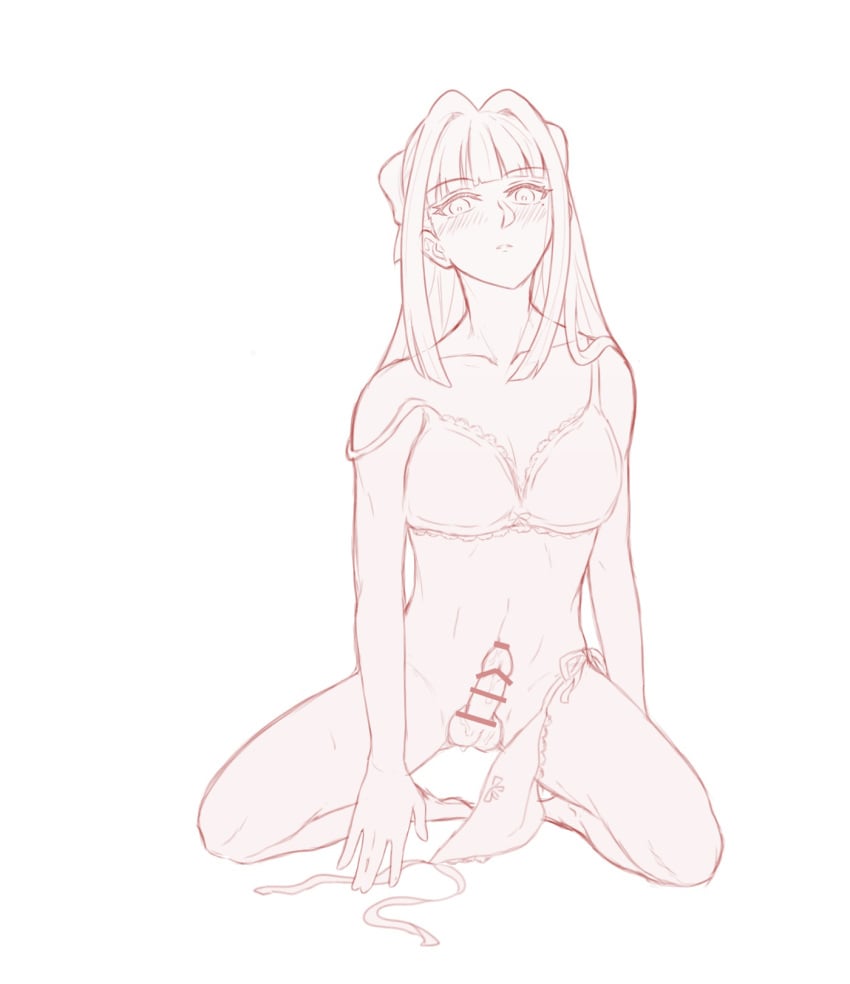 bar_censor blunt_bangs blush bra erection fti_crossgender full_body futa_only futanari gegege_no_kitarou hair_ribbon intersex kitarou_tanjou_gegege_no_nazo kneeling long_hair looking_at_viewer mole_under_eye monochrome panties penis penis_out ryuuga_sayo side-tie_panties solo