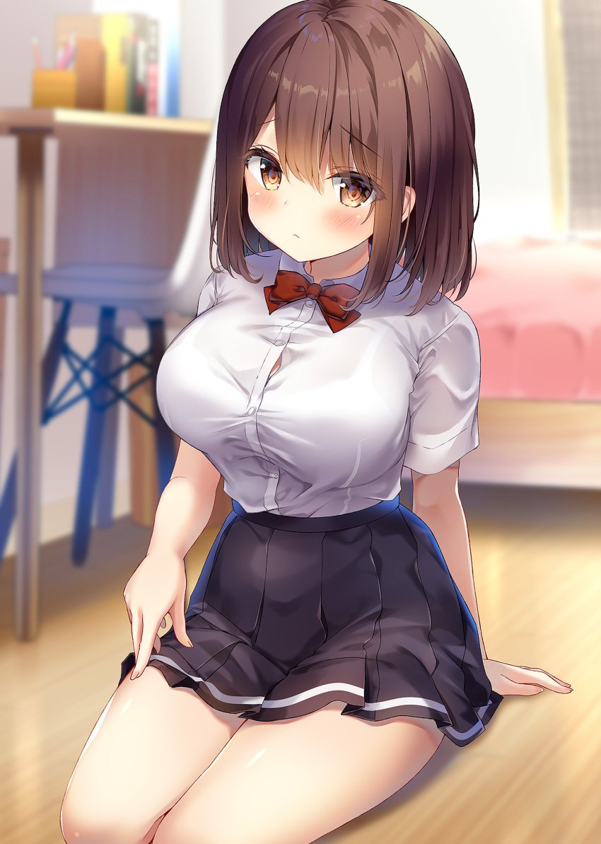 1girls arm_support bed bed_sheet black_skirt blush book bow bowtie bralines breasts brown_hair chair closed_mouth collared_shirt commentary_request desk female highres indoors kino_(kino_konomi) large_breasts looking_at_viewer medium_hair original pleated_skirt red_bow red_bowtie school_uniform shirt shirt_tucked_in short_sleeves sidelocks sitting skirt solo thighs white_shirt wooden_floor