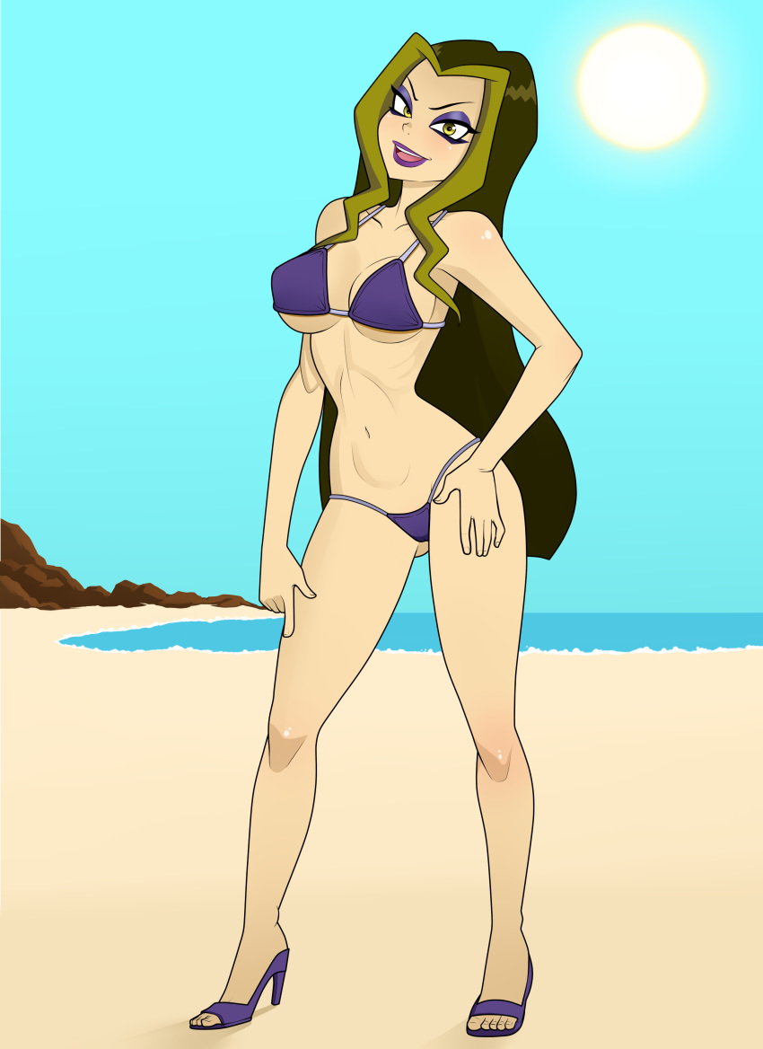 1girls beach bikini breasts clothed darcy_(winx_club) female female_only high_heels human makeup open_mouth open_toe_shoes rodjim sand solo standing sun swimsuit the_trix winx_club