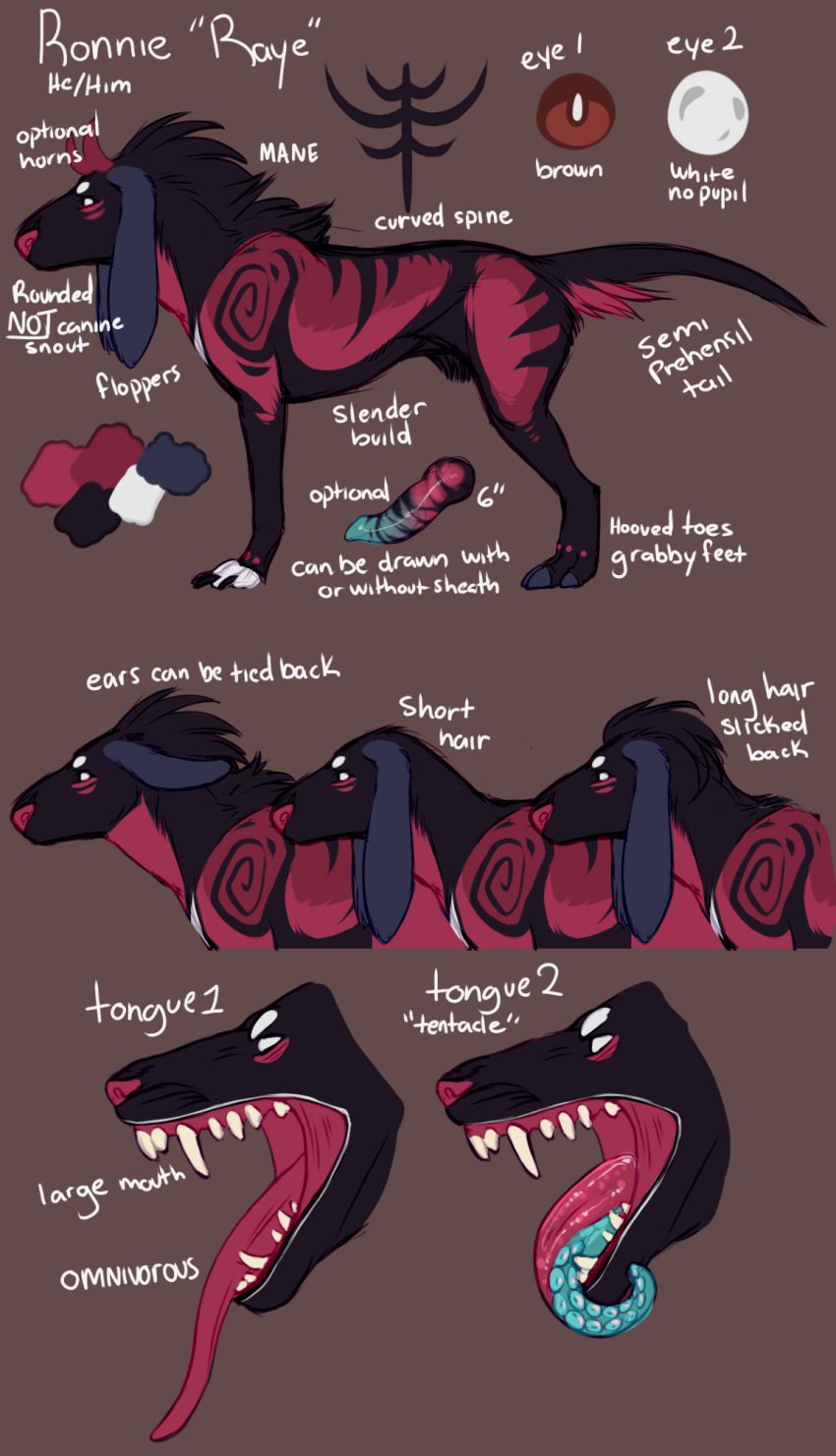 alternate_version_at_source black_body black_fur black_markings black_penis blue_penis fangs feral floppy_ears fur genitals hi_res knot male male_feral markings no_pupils open_mouth penis rayliicious red_body red_fur red_nose red_penis ronni_(rayliicious) side_view solo striped_genitalia striped_penis stripes teeth tentacle tentacle_tongue tongue tongue_out white_eyes
