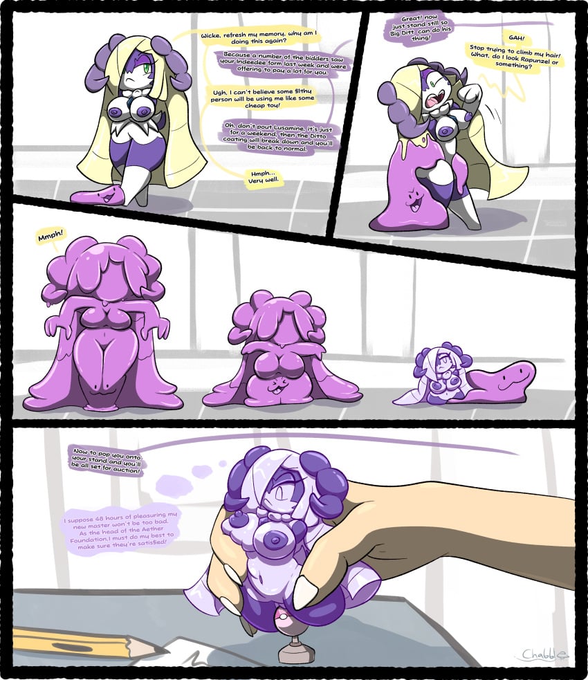 blonde_hair chabble ditto ditto_(pokemon) fangs green_eyes indeedee just_the_tip limbless lusamine_(pokemon) no_limbs onahole onahole_transformation pokemon pokemon_(species) pokemon_sm purple_body rubberization transformation transformation_sequence