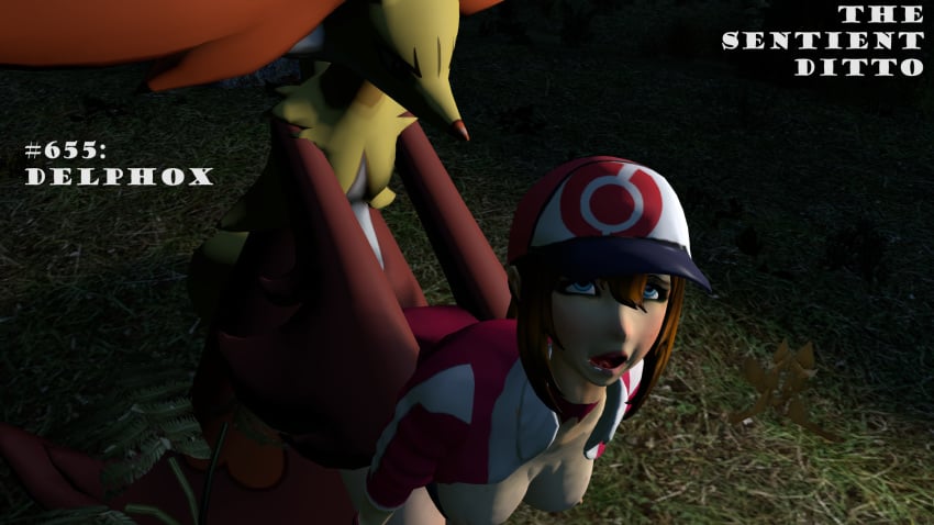 3d anthro baseball_cap blue_eyes breasts brown_hair clothed_female_nude_male dark delphox doggy_style exposed_breasts female_protagonist_(pokemon_go) furry hat interspecies jacket long_hair looking_up mostly_nude open_mouth pokemon pokemon_go pokemon_xy ponytail sex text thesentientditto