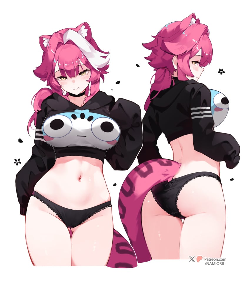 absurdres alternate_costume animal_ears ass black_choker black_hoodie black_lace_trim black_panties breasts cat_ears cat_girl cat_tail center-flap_bangs character_print chattino_(raora_panthera) choker closed_mouth cropped_hoodie cropped_legs extra_ears female gluteal_fold highres hololive hololive_english hood hoodie lace lace-trimmed_panties lace_trim large_breasts long_hair long_sleeves looking_at_viewer median_furrow multicolored_hair multiple_views namiorii navel no_pants panther_ears panther_girl panther_tail panties patreon_username pink_hair print_hoodie raora_panthera simple_background smile stomach streaked_hair tail thigh_gap thighs twitter_username underwear virtual_youtuber white_background white_hair yellow_eyes