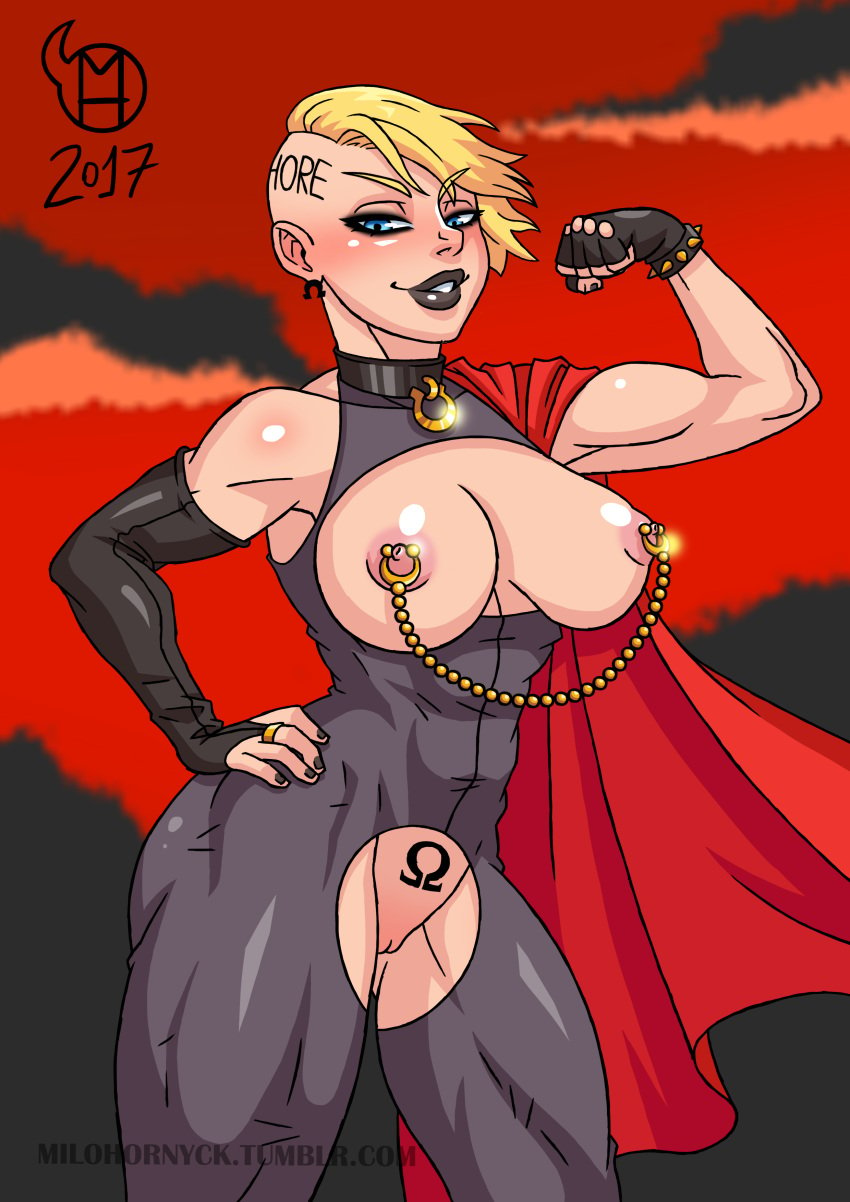 1girls biceps big_breasts big_lips black_lips black_lipstick black_nails blonde_hair blue_eyes blurry_background breasts cape choker cleavage cleavage_cutout color corruption dc dc_comics earrings enemy_conversion erect_nipples female female_only flexing gloves highres hips justice_league lipstick looking_at_viewer makeup medium_hair milo_hornyck muscles muscular muscular_female nipple_piercing pose power_girl red_sky shaved_pussy solo superheroine tattoo thick_thighs