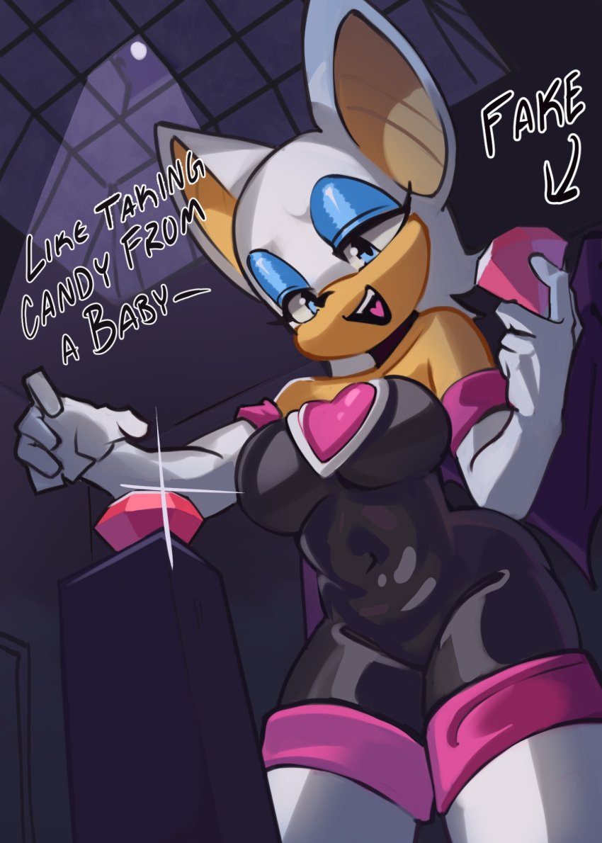1girls anthro bat_ears bat_girl blue_eyes blue_eyeshadow busty english_text hips jewel moxydraws rouge_the_bat sonic_(series) sonic_the_hedgehog_(series) thighhighs white_fur