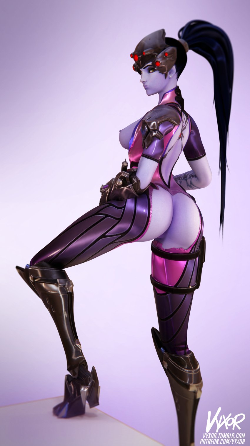 3d absurdres areolae ass blender breasts dat_ass female female_only highres looking_at_viewer looking_back nipples overwatch solo vyxor widowmaker