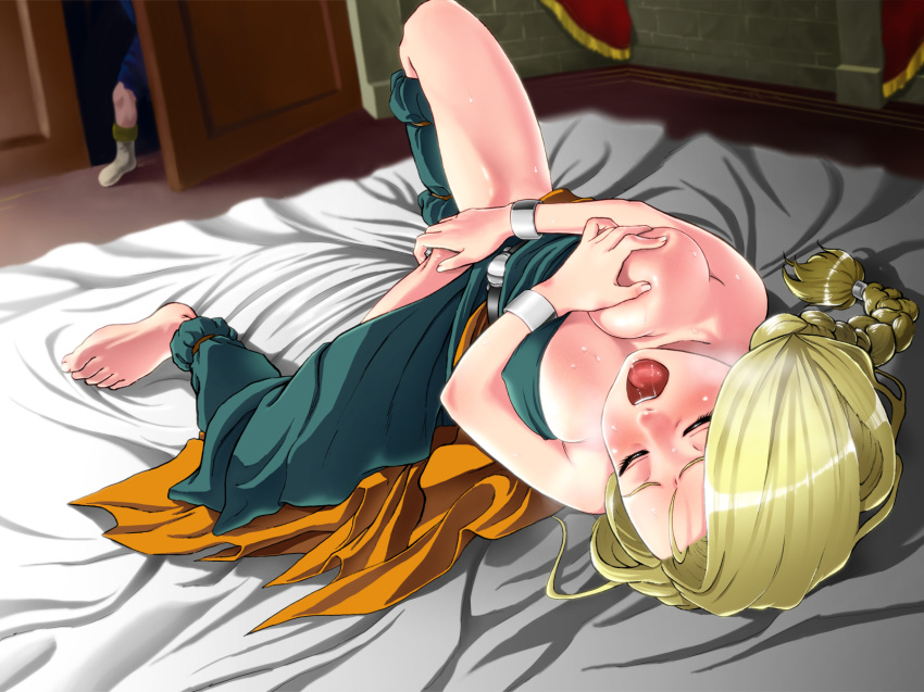 bare_shoulders barefoot bed belt bianca_whitaker blonde_hair blush braid breast_grab breasts closed_eyes clothed_masturbation clothing door dragon_quest dragon_quest_v dress feet female green_dress highres indoors legs long_braid long_hair lying masturbation medium_breasts moaning no_bra no_panties on_bed one_breast_out open_mouth saliva self_fondle shiny shiny_hair single_braid solo_focus spread_legs strapless sweat thighs toes vermilion voyeur voyeurism