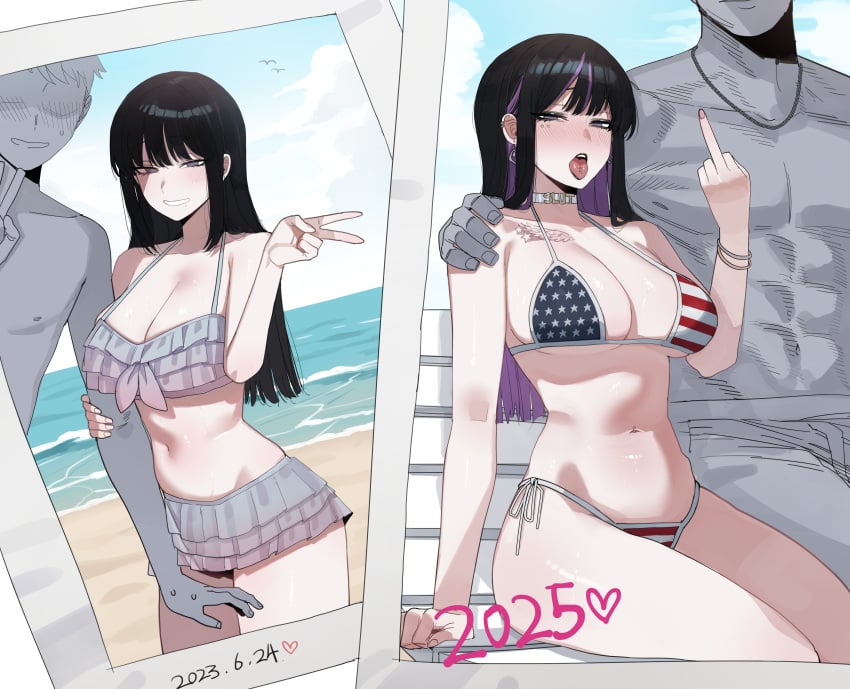 1girls 2boys american_flag_bikini arm_around_shoulders arm_grab armband beach before_and_after bikini black_hair breasts chest_tattoo cleavage dyed_hair earrings empty_eyes faceless_male frilled_bikini grey_eyes large_breasts middle_finger navel_piercing peace_sign photo photo_(object) piercing purple_hair ratatatat74 side_tie_bikini sitting smile standing swimsuit tattoo tongue tongue_out tongue_piercing