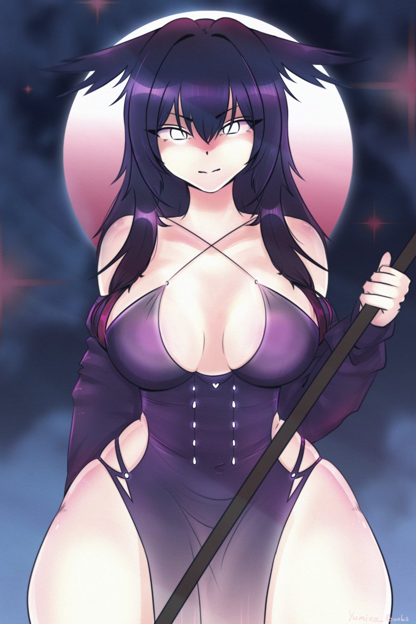 anime_style big_breasts chounyuu cleavage cute dark_girl dark_hair fantasy_theme female long_hair moon_background moon_light open_clothes original original_character purple_outfit revealing_clothes seductive_pose solo staff thigh_gap tight_clothing underboob yumi_mi