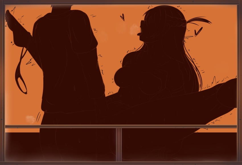 1boy breasts breath clothed_sex clothes_lift female fuzzlogik head_back heart highres kanojo_okarishimasu large_breasts long_hair male mizuhara_chizuru motion_lines nipples open_mouth orange_background panties panties_around_one_leg shirt_lift silhouette simple_background solo_focus spread_legs straight tongue tongue_out trembling underwear vaginal_penetration