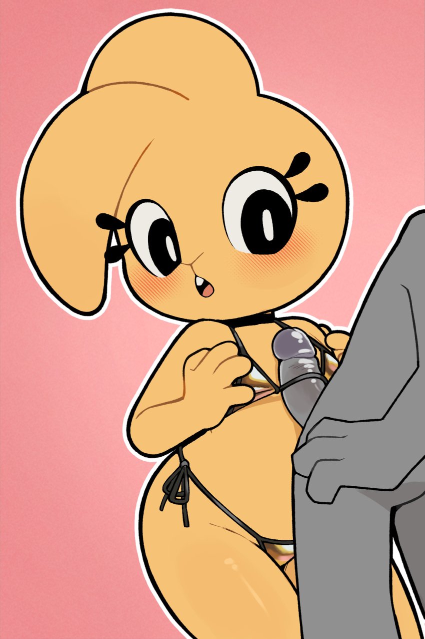 adult_(lore) anthro anthro_on_anthro biped blush bonita_(gaturo) clothed clothing domestic_cat duo eyelashes felid feline felis female female_anthro flat_chested gaturo genitals hi_res interspecies lagomorph leporid male male/female male_anthro mammal marte_(gaturo) naizuri nude open_mouth penis pupils rabbit simple_background standing swimwear thick_thighs three-quarter_view white_sclera