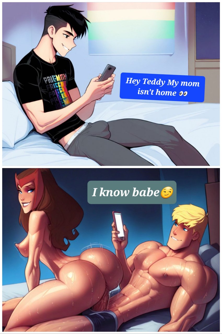 1girls 2boys abs ai_generated big_biceps big_pecs billy_kaplan blonde_hair boxers_(clothing) bubble_butt bulge cheating_boyfriend cucked_by_mother cuckold female gay_male gay_to_straight gay_with_woman handsome_man holding_phone huge_cock hulkling jock male marvel marvel_comics milf muscular muscular_male my_dad_isn&#039;t_home_(meme) ntr pride_color_clothing pride_color_flag pride_month reverse_cowgirl_position scarlet_witch sweat teddy_altman texting vaginal_penetration wanda_maximoff wiccan younger_male