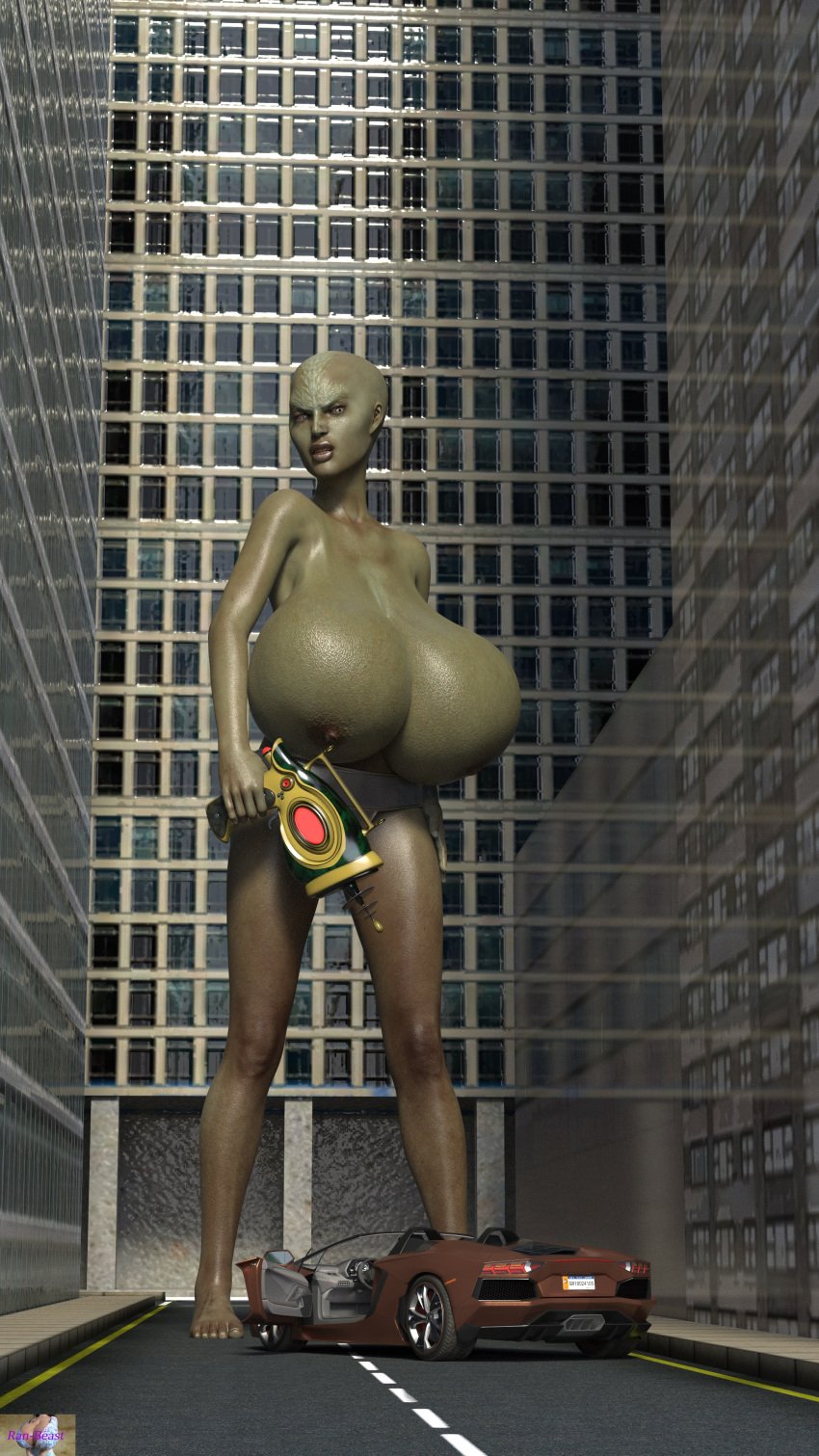1girls 3d alien alien_girl bald big_breasts breasts female giantess green_skin huge_breasts macro ran-beast solo