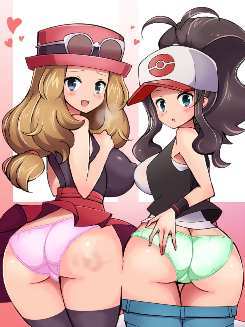 2girls alternate_breast_size ass ass_cleavage baseball_cap black_legwear blonde_hair blue_eyes blush breasts brown_hair bruise butt_crack chro covered_nipples cute_fang denim denim_shorts female female_only from_behind green_panties hand_mark hat heart high_ponytail highres hilda_(pokemon) huge_breasts human human_only injury long_hair looking_back low-tied_long_hair multiple_females multiple_girls nintendo panties pink_panties pleated_skirt pokemon pokemon_bw pokemon_xy porkpie_hat serena_(pokemon) serena_(pokemon_games) shorts shorts_pull skirt skirt_lift slap_mark sleeveless sunglasses sunglasses_on_head thighhighs underwear vest wristband