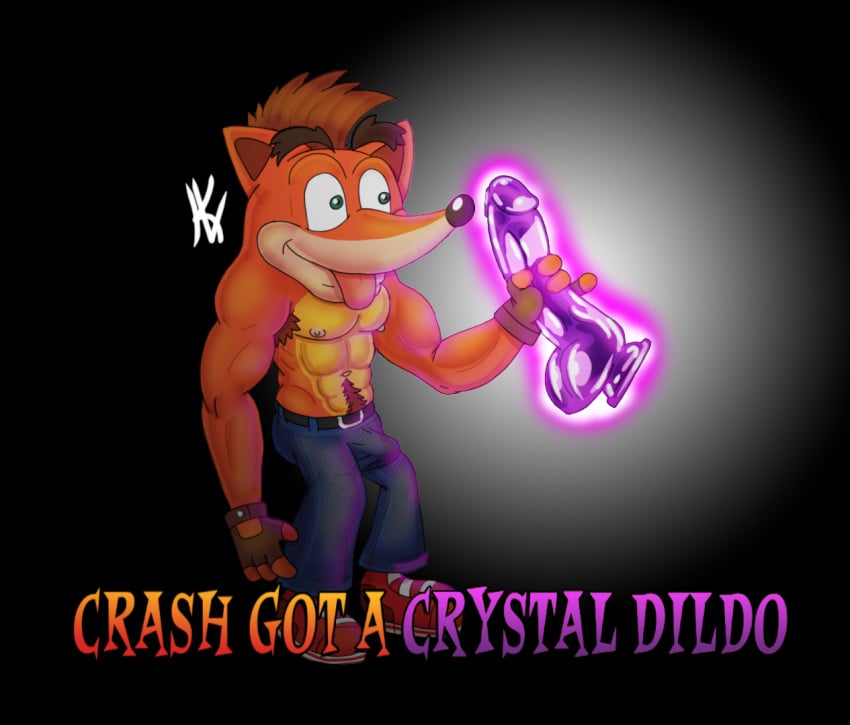 1boy 2018 :p bandicoot bulge crash_(series) crash_bandicoot crystal crystal_dildo dildo erect erection erection_under_clothes erection_under_clothing fingerless_gloves glowing green_eyes jeans male male_only navel nipples pants raven2dx simple_background solo text tongue tongue_out topless video_games