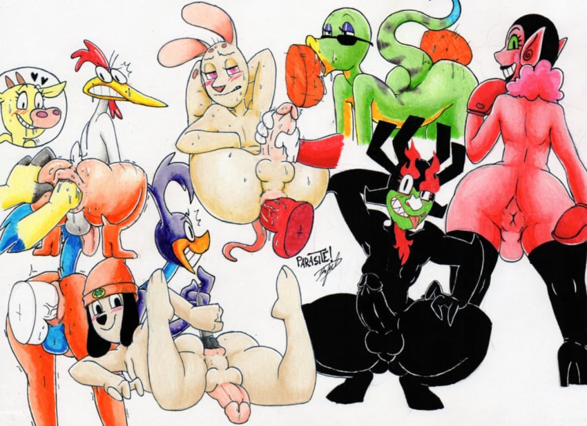 <3 aku anal anthro anus balls black_body cartoon_network cow cow_(character) cow_and_chicken crossover demon dog erection fellatio female fisting gex_(series) gex_the_gecko goatee him lizard looney_tunes male nickelodeon oral parappa parappa_the_rapper parasitedeath penis powerpuff_girls ren_and_stimpy ren_hoek road_runner_(looney_tunes) roadrunner samurai_jack soft_feathers spitroast straight