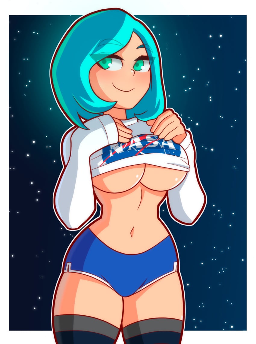 1girls aqua_hair black_legwear blue_hair blue_shorts breasts buruma chemical_bro earth-chan female female_only highres large_breasts nasa navel no_bra shirt_lift short_hair smile solo thighhighs underboob