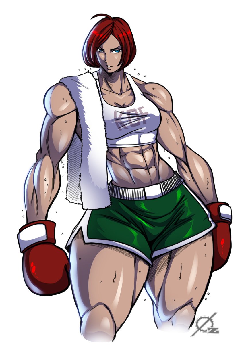 1girls abs bare_shoulders biceps big_thighs blue_eyes boxing boxing_gloves boxing_shorts breasts cleavage clothed clothing female female_only gloves green_shorts half-closed_eyes huge_thighs human human_only king_of_fighters large_thighs light-skinned_female light_skin lips looking_at_viewer medium_breasts midriff muscles muscular_female osmar-shotgun red_boxing_gloves red_gloves red_hair shiny_hair shiny_skin short_hair shorts snk solo solo_female sweat tank_top text_on_clothing text_on_topwear thick thick_hips thick_thighs thighs_bigger_than_head towel towel_on_shoulder vanessa_(kof) white_background white_tank_top wide_hips