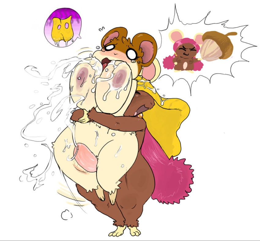 acorn blush breasts cape clothing cum cum_on_breasts cumshot dickgirl duo ejaculation female futa_on_female hamster intersex intersex/female mammal orgasm penelope_(hamtaro) penis rodent roy_mccloud sex simple_background surprise