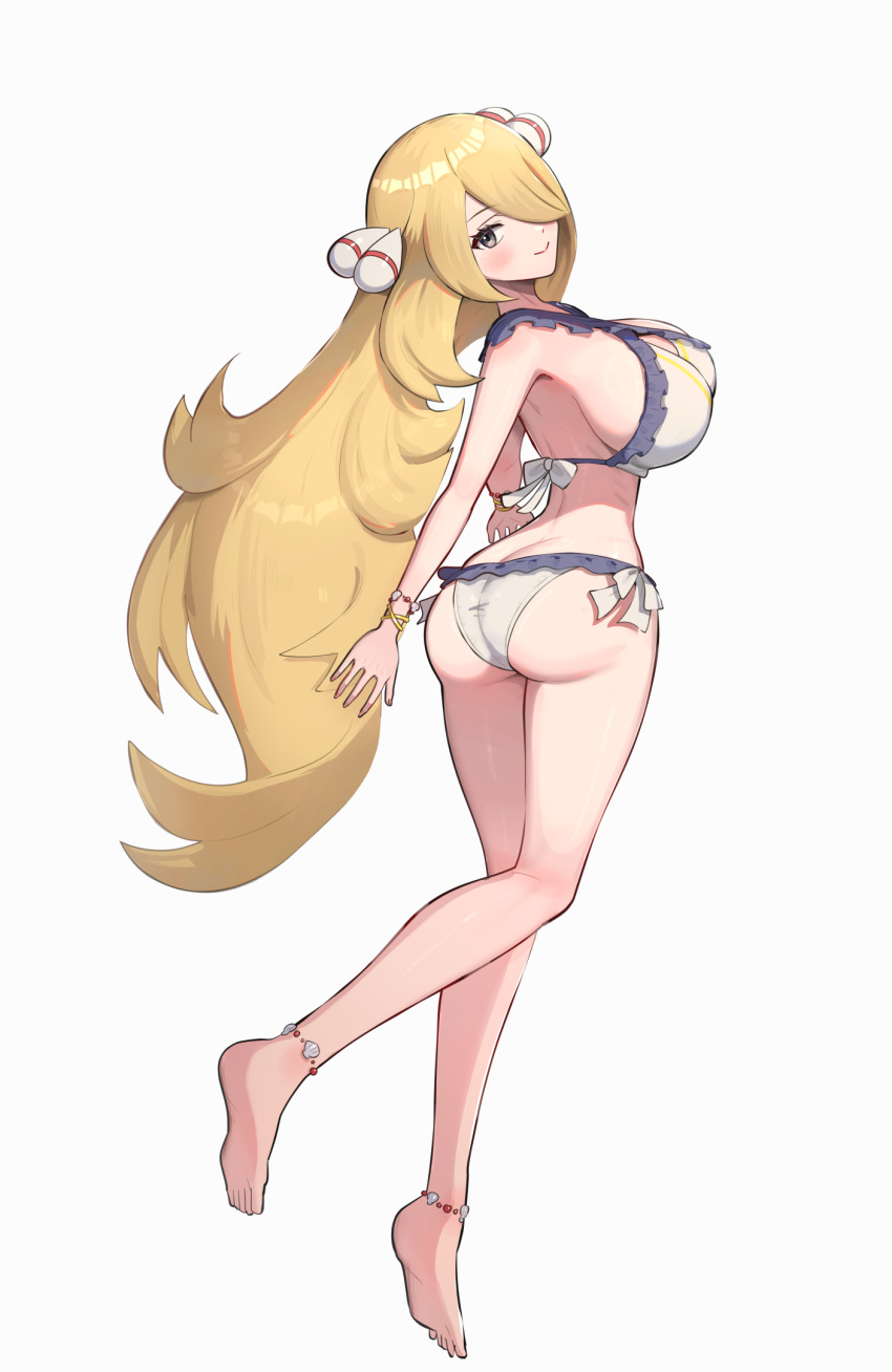 1girls ass big_ass big_breasts bikini blonde_hair breasts cynthia_(pokemon) gonzarez human jpeg long_hair looking_at_viewer nintendo one_eye_obstructed pokemon pokemon_dppt sideboob smile solo swimsuit