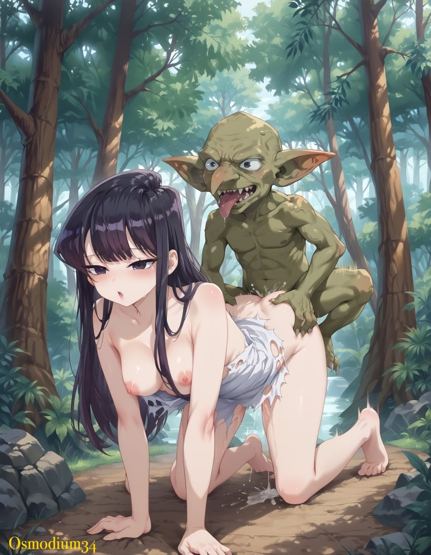 ai_generated all_fours anime_screencap creampie doggy_style dress fantasy female forest girl goblin goblin_rape komi-san_wa_komyushou_desu komi_shouko light-skinned_female moan moaning moaning_in_pleasure monster monster_rape motion_blur motion_lines osmodium34 purple_eyes purple_hair rape raped_by_monster ripped_clothing smaller_male