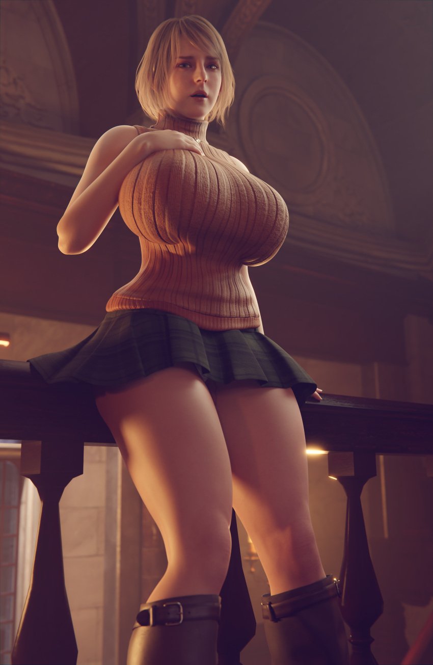 1girls 3d ashley_graham ashley_graham_(ella_freya) big_breasts blonde_hair blue_eyes boots breasts clothing curvy curvy_female female human large_breasts light-skinned_female light_skin medium_hair open_mouth resident_evil resident_evil_4 shoes skirt solo straight_hair superhentaimaster9000 thighs touching_breast