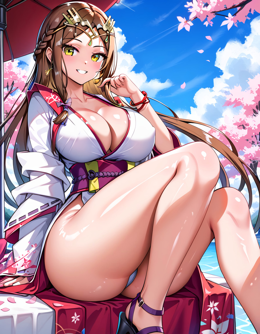 1girl 1girls ai_generated brown_hair cherry_blossoms cleavage fan_la_norne female female_focus female_only haze_(xenoblade) heels kimono large_breasts long_hair monolith_soft nintendo panties sitting smile thick_ass thick_thighs umbrella vermadis2x voluptuous voluptuous_female xenoblade_(series) xenoblade_chronicles_(series) xenoblade_chronicles_2 xenoblade_chronicles_2:_torna_the_golden_country yellow_eyes