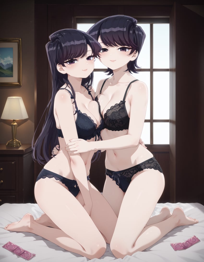 2girls ai_generated anime_style bed bedroom black_lingerie breast_press full_body girl kneeling komi-san_wa_komyushou_desu komi_shouko komi_shuuko light-skinned_female light_skin long_hair medium_breasts on_bed osmodium34 purple_eyes purple_hair short_hair slim_waist smile white_sheets