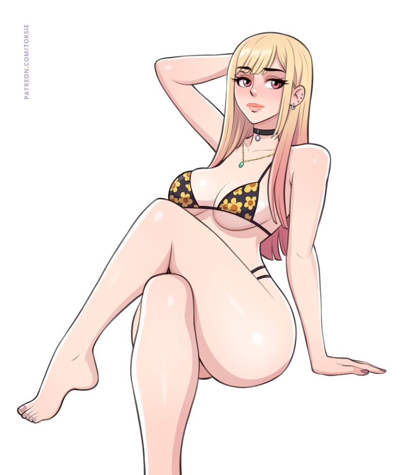 1girls arm_behind_head arm_up artist_name ass barefoot bikini blonde_hair breasts busty calves choker cleavage clothed clothed_female clothing crossed_legs ear_piercing earrings eyelashes feet female front_view gyaru hair hand_behind_head hi_res human kitagawa_marin legs_together light-skinned_female light_skin long_fingernails long_hair looking_away medium_breasts multicolored_hair nail_polish necklace piercing pink_eyes pink_hair pink_nails pink_toenails simple_background sitting solo sono_bisque_doll_wa_koi_wo_suru thighs toenail_polish toes toksie two_tone_hair white_background