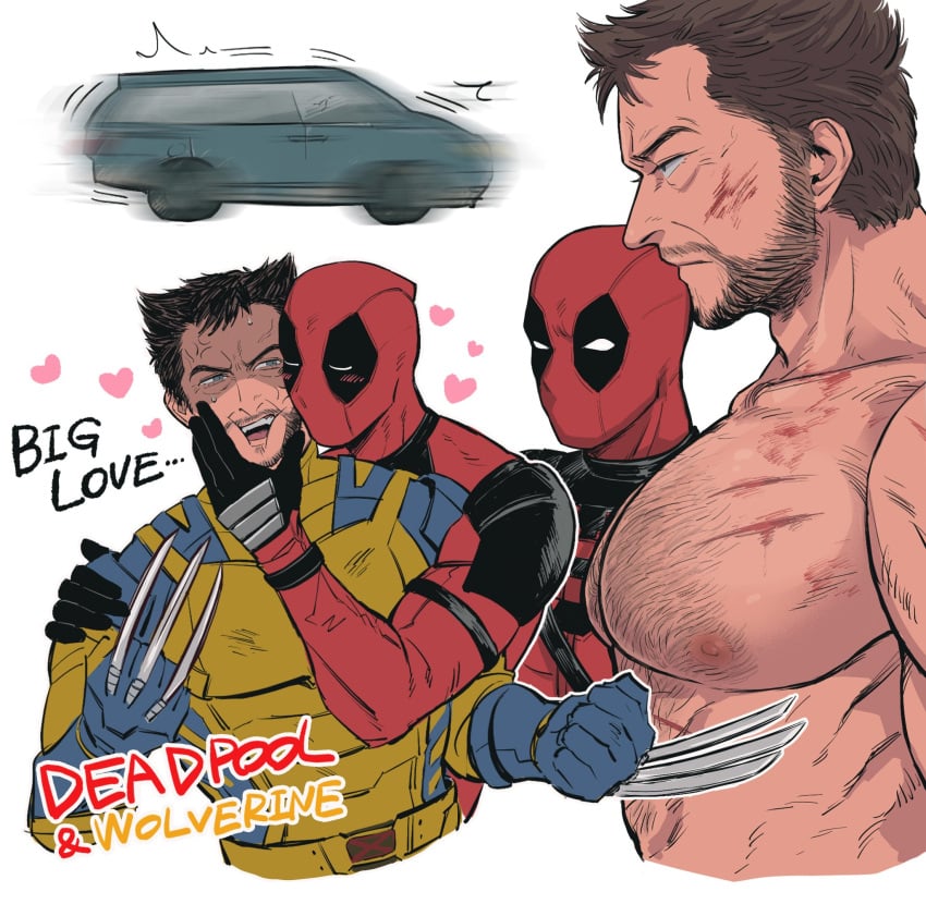 2boys 2males abs beard big_pecs blush car chest deadpool deadpool_&_wolverine_(2024) gay girl_staring_at_guy's_chest hairy_chest heart honda honda_odyssey james_howlett love male male_focus male_only marvel marvel_cinematic_universe marvel_comics masked masked_male mature_male muscles muscular muscular_male nipples no_genitals no_genitals_shown pecs pectorals scar serious serious_face superhero_costume text tight_clothing wade_wilson wolverine_(x-men) x-men yaoi