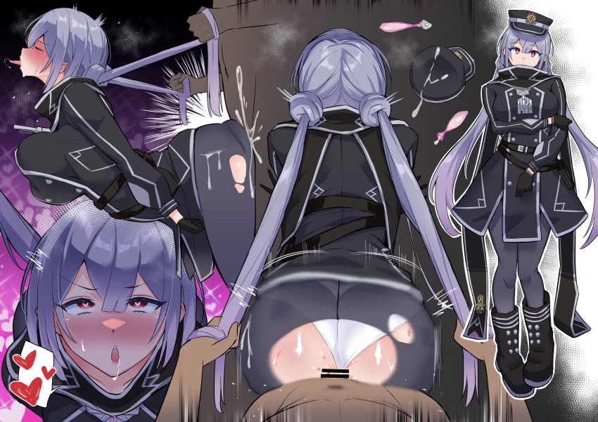 1boy absurdres ass_ripple black_pantyhose black_scarf blush breasts censored condom duel_monster female gloves grey_hair hat heart heart-shaped_pupils highres kunoichimaru long_hair long_sleeves panties pantyhose peaked_cap red_eyes scarf sex sky_striker_ace_-_roze symbol-shaped_pupils torn_clothes torn_pantyhose twintails underwear used_condom vaginal_penetration white_panties yu-gi-oh!