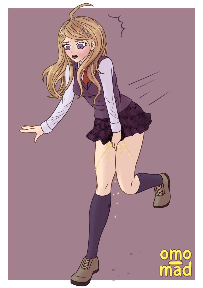 akamatsu_kaede black_socks blonde_hair danganronpa entering female_only knee_socks kneehighs kneesocks leaking omo_mad omorashi open_mouth peeing peeing_self running rushing rushing_to_bathroom socks straight_hair urine urine_drip urine_on_ground urine_stream wetting wetting_self