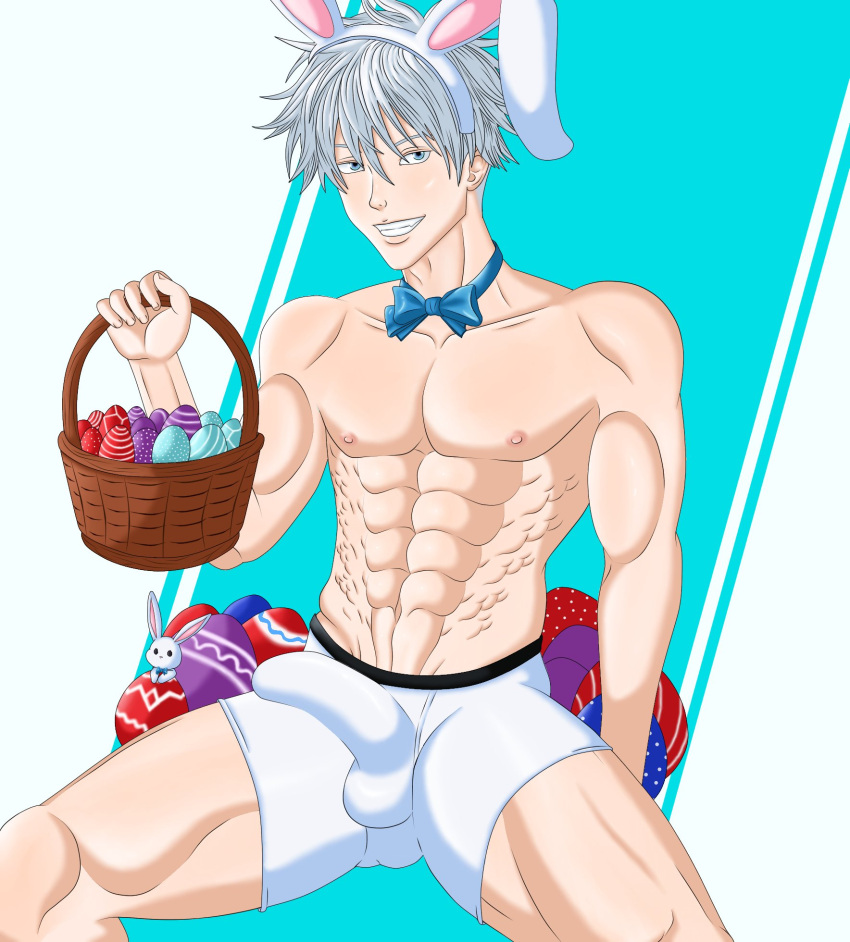 1boy boxers bunny_boy bunny_ears easter easter_egg erection hid0s_art jujutsu_kaisen looking_at_viewer male male_only muscular_male penis satoru_gojo smile