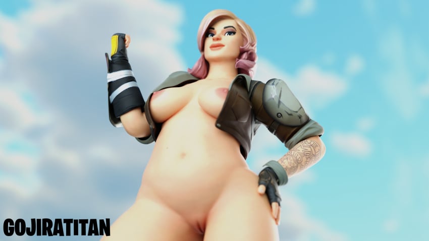 blonde_hair blue_eyes constructor_penny fortnite fortnite:_save_the_world gojiratitan gojiratitannsfw jacket mostly_nude_female open_jacket penny_(fortnite) thick_thighs