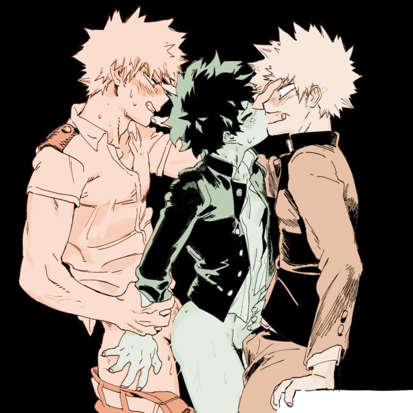 closed_eyes clothed clothed_sex double fucked_from_behind gay hand hand_on_head izuku_midoriya japanese_clothes katsuki_bakugou male/male male_only my_hero_academia no_background rubbing_penis school_uniform yaoi