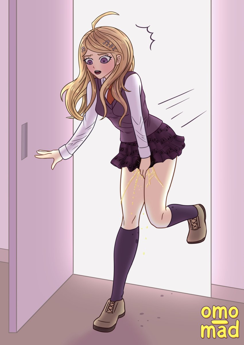 akamatsu_kaede black_socks blonde_hair danganronpa entering female_only knee_socks kneehighs kneesocks leaking omo_mad omorashi open_mouth peeing peeing_self running rushing rushing_to_bathroom socks straight_hair urine urine_drip urine_on_ground urine_stream wetting wetting_self