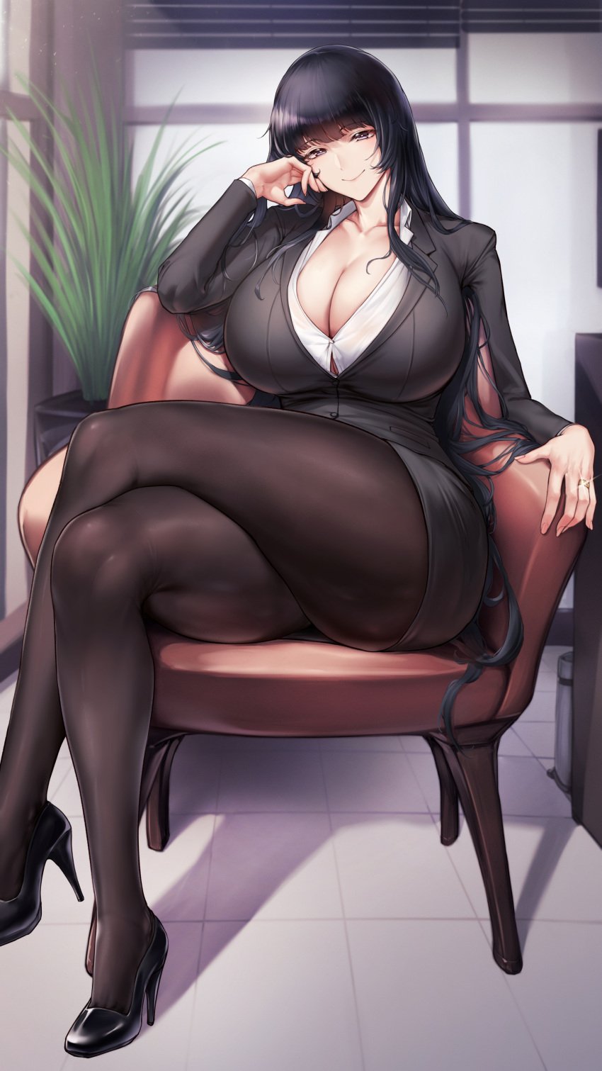 black_hair cleavage huge_breasts jinmeii legs_crossed smile