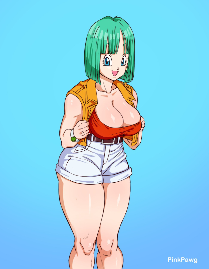 1girl 1girls blue_hair breasts bulma_briefs bulma_briefs_(androids'_saga) dragon_ball dragon_ball_z female female_focus jeans_shorts large_breasts shorts solo