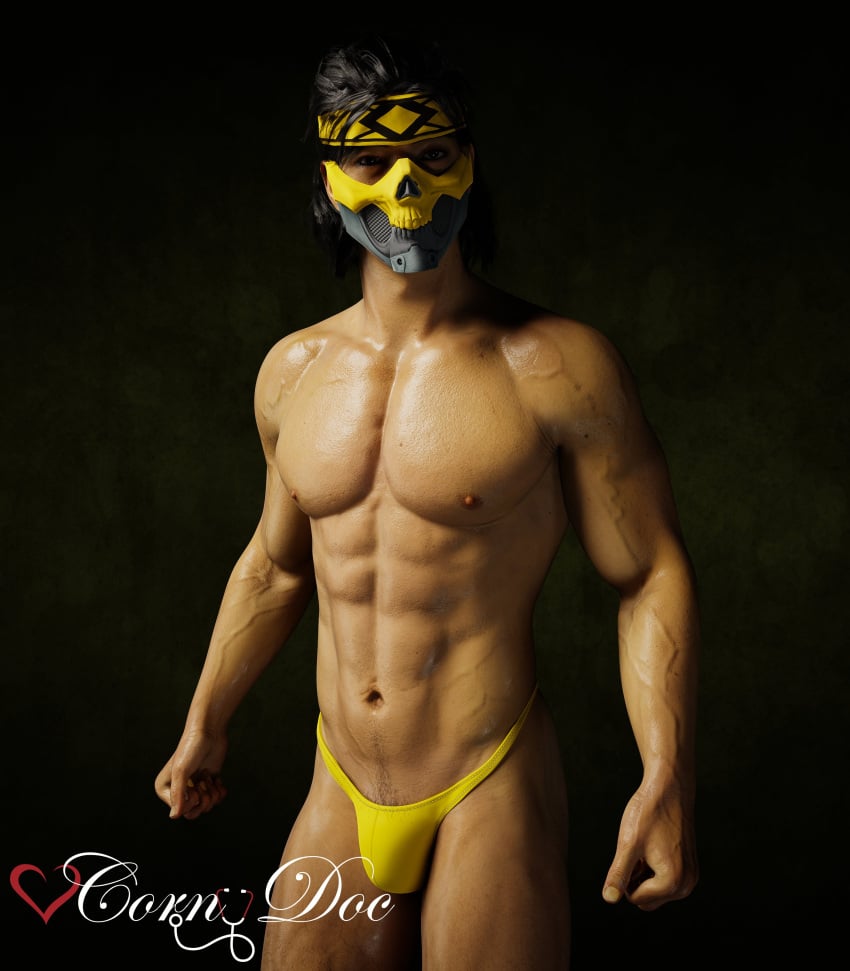 1boy 3d 3d_(artwork) 3d_model cornydoc male male_focus male_only male_solo masked_male mortal_kombat mortal_kombat_1_(2023) netherrealm_studios solo solo_focus solo_male takeda_takahashi veiny_muscles yellow_thong yellow_underwear young_man