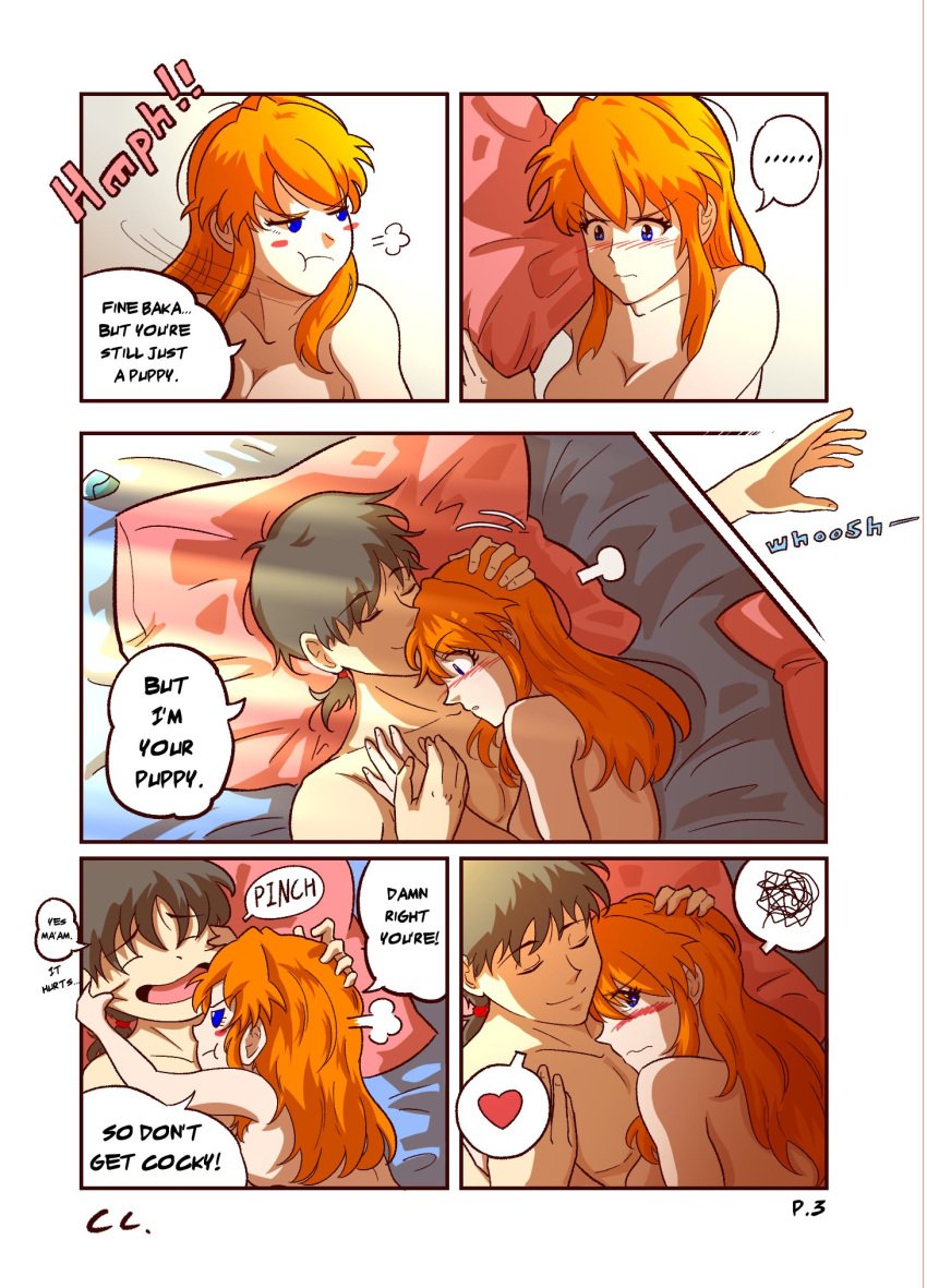 1boy 1girls adult after_sex aged_up alternate_hairstyle annoyed asuka_langley_sohryu bed bed_sheet bedroom blue_eyes blush breasts brown_hair cc_(taeki512) cheek_pinch closed_eyes comic completely_nude completely_nude_female completely_nude_male couple cuddling cute dialogue embarrassed embarrassed_female embarrassed_nude_female english_text female_on_top flustered hand_on_another&#039;s_chest hand_on_chest happy happy_female hug hugging long_hair medium_breasts morning_after neon_genesis_evangelion nipples nude nude_female nude_male official_alternate_hairstyle pillow pillow_grab pinch pinned pinned_down ponytail ponytail_male pout pouting pulled_by_another red_hair shinji_ikari short_hair short_ponytail sleeping spoken_exclamation_mark spoken_heart straddling teasing text text_bubble under_blanket wholesome