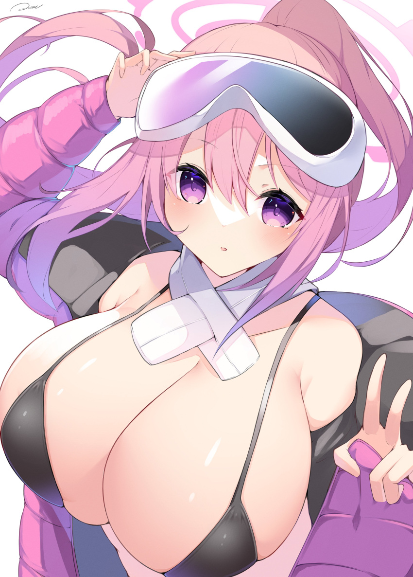 blue_archive blush eimi_(blue_archive) eimi_(swimsuit)_(blue_archive) gigantic_breasts looking_at_viewer off_shoulder official_alternate_costume open_jacket round_breasts upper_body v