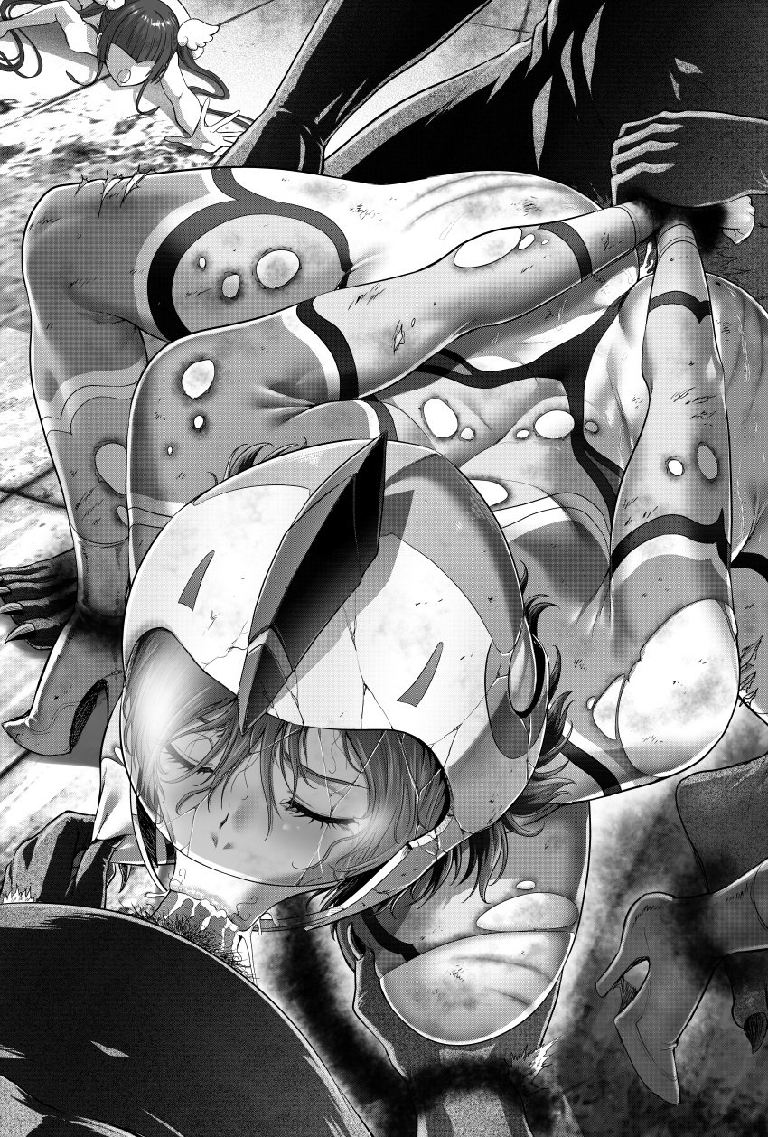 2boys 2girls :&gt;= absurdres blowjob_face bodysuit breasts deepthroat defeat fellatio greyscale group_sex helmet high_heels highres impossible_bodysuit impossible_clothes large_breasts magical_girl mmf_threesome monochrome multiple_boys multiple_girls nipples on_floor oral penis ran_(yamatoagu) rape restrained sentai sex skin_tight spitroast straight threesome torn_bodysuit torn_clothes vaginal_penetration yoshibari_aubade