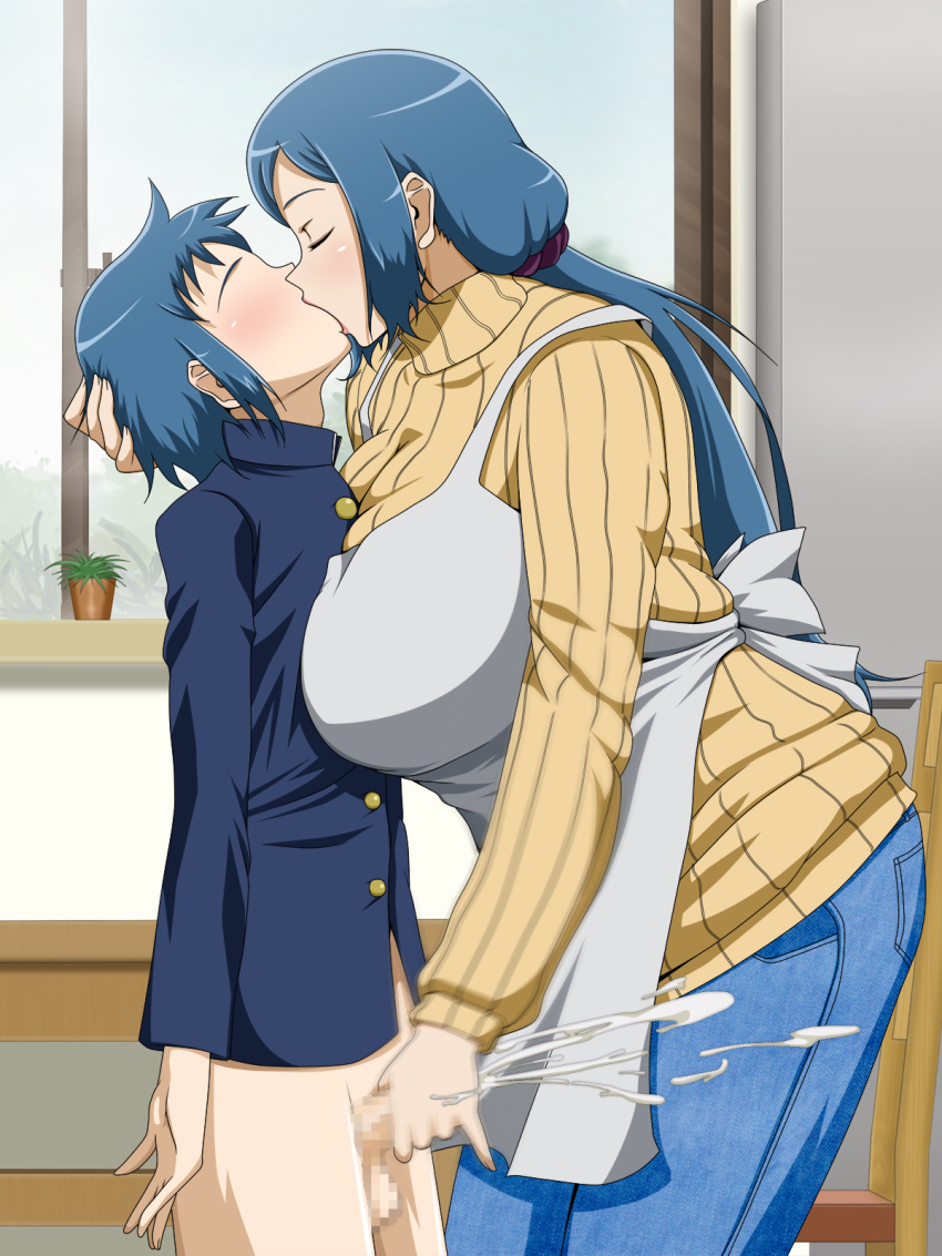 apron blue_hair blush bottomless breasts censored closed_eyes cum cum_explosion ejaculation female gundam gundam_build_fighters handjob highres huge_breasts incest indoors iori_rinko iori_sei kissing legs milf mosaic_censoring mother_and_son motion_blur no_eyes penis school_uniform standing sweater thighs turtleneck turtleneck_sweater vermilion