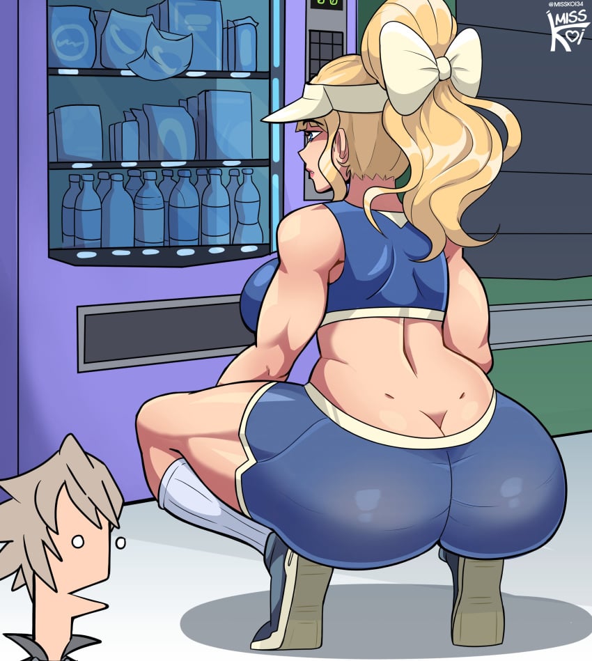 1boy 1girls alternate_hairstyle ass blonde_hair breasts charlotte_(fire_emblem) corrin_(fire_emblem) corrin_(fire_emblem)_(male) female female_focus fire_emblem fire_emblem_fates gym_clothes large_ass large_breasts male misskoi nintendo ponytail shorts solo_focus sportswear squatting tank_top vending_machine yellow_hair