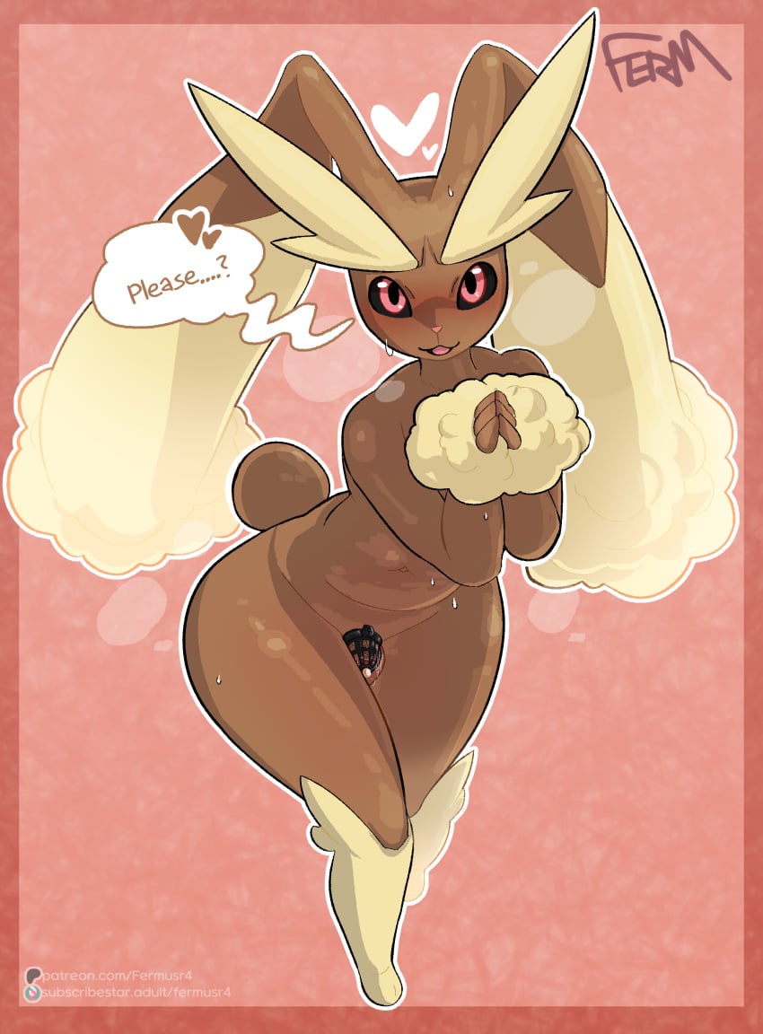 absurd_res anthro balls big_ears black_sclera bodily_fluids chastity_cage chastity_device cotton_tail english_text femboy fermusieboir4 generation_4_pokemon genitals hi_res lagomorph long_ears looking_at_viewer lopunny male mammal navel nintendo nude penis pokemon pokemon_(species) solo sweat text wide_hips