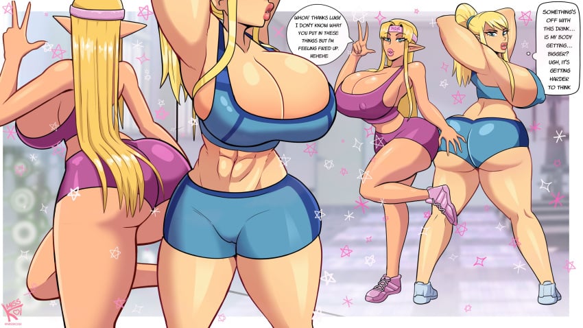 2girls ass_expansion big_ass bimbo blonde_hair blue_shorts breast_expansion breasts_bigger_than_head bubble_butt female gym gym_clothes huge_ass huge_breasts metroid misskoi multiple_girls muscular_female nipple_bulge nipples princess_zelda purple_shorts samus_aran the_legend_of_zelda zelda_(a_link_between_worlds)