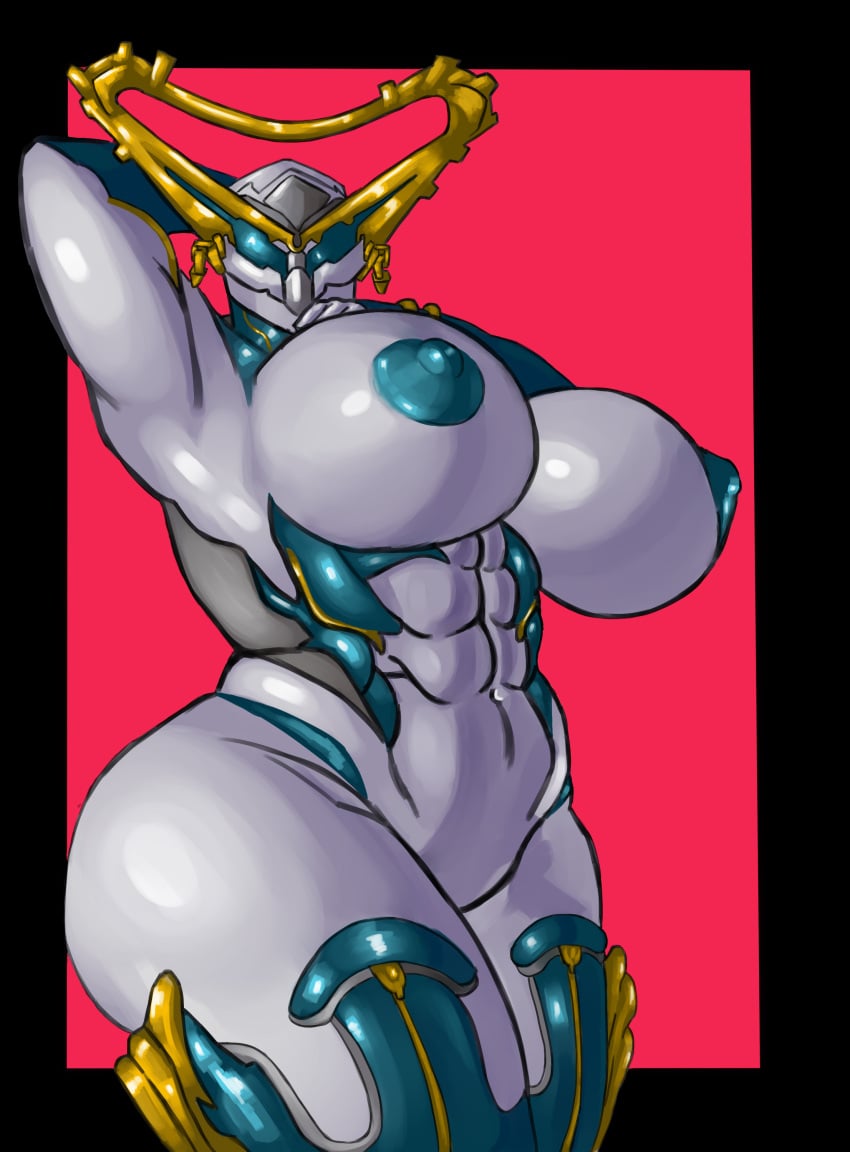 2d 2d_(artwork) abs alien_girl armpits arms_behind_head blue_body blue_nipples digital_extremes female gold_(metal) hand_on_breast hildryn_(warframe) huge_ass large_breasts multicolored_body muscular_female pink_background robot_girl simple_background thick_thighs warframe white_body wide_hips