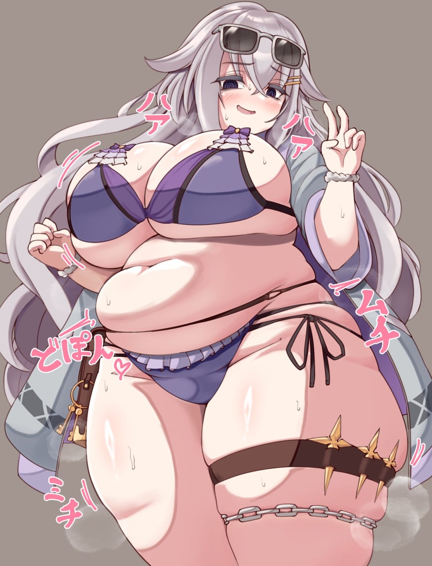 @_@ absurdres alternate_costume belly belt_pouch bikini bracelet breasts chains cleavage cowboy_shot dagger embarrassed fat female female_focus flower_knight_girl frilled_bikini frills grey_background grey_hair hair_between_eyes hair_ornament hairclip hand_up highres huge_breasts jacket jacket_over_swimsuit japanese_text jewelry key knife kukuru_(artist) long_hair long_sleeves messy_hair micro_bikini motion_lines nervous_smile obese official_alternate_costume open_clothes open_jacket pouch purple_bikini purple_eyes purple_jacket shiny_skin side-tie_bikini_bottom sigillaria_(flower_knight_girl) simple_background skindentation smile solo sound_effects standing steaming_body string_bikini sunglasses sunglasses_on_head swimsuit thick_thighs thigh_strap thighs underboob undersized_clothes v very_long_hair weapon wide_hips